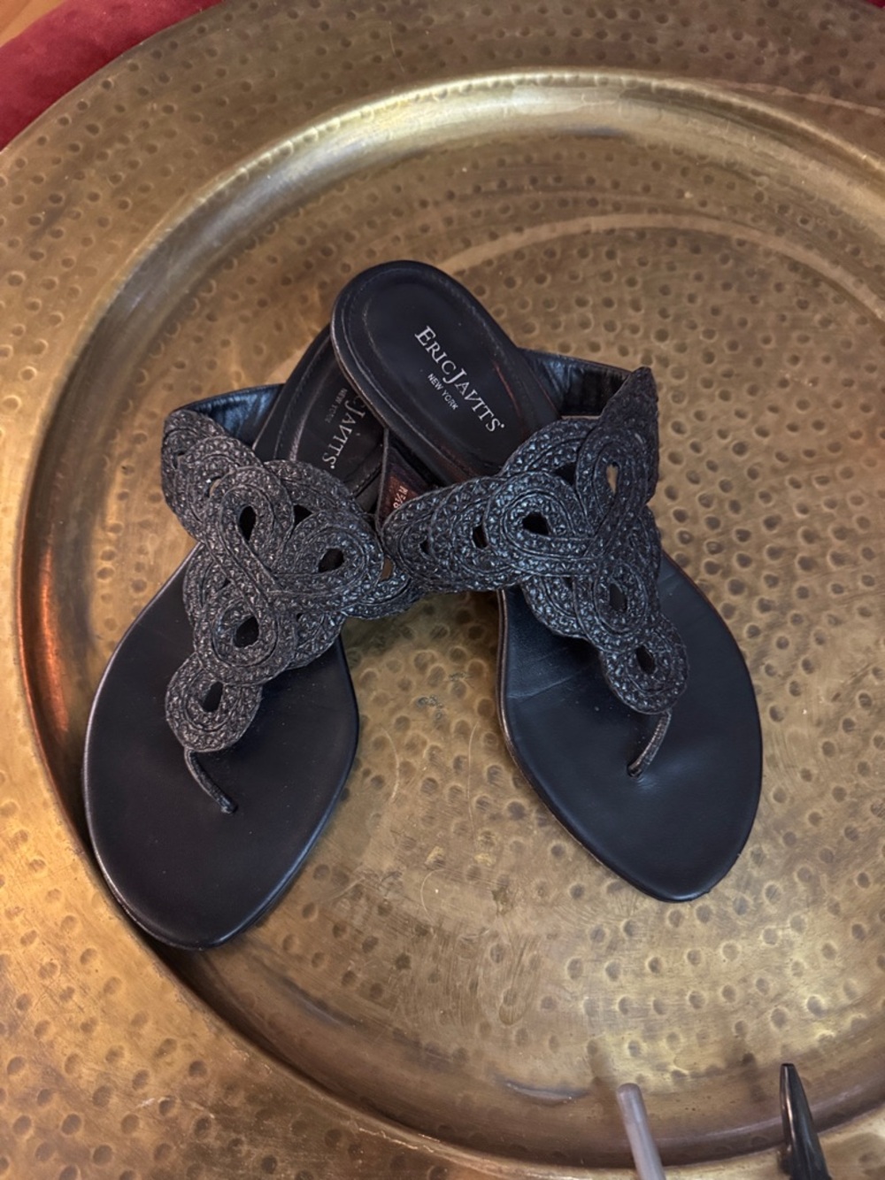 Eric Javits Black Braided Leather Thong Sandals